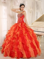 Orange Red Quinceanera Dress Custom Made One Shoulder Beaded Decorate Ruffles