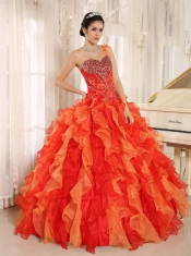 Orange Red Quinceanera Dress Custom Made One Shoulder Beaded Decorate Ruffles