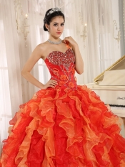 Orange Red Quinceanera Dress Custom Made One Shoulder Beaded Decorate Ruffles
