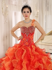 Orange Red Quinceanera Dress Custom Made One Shoulder Beaded Decorate Ruffles