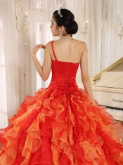 Orange Red Quinceanera Dress Custom Made One Shoulder Beaded Decorate Ruffles