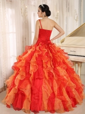 Orange Red Quinceanera Dress Custom Made One Shoulder Beaded Decorate Ruffles