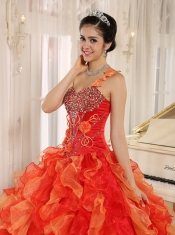 Orange Red Quinceanera Dress Custom Made One Shoulder Beaded Decorate Ruffles