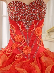 Orange Red Quinceanera Dress Custom Made One Shoulder Beaded Decorate Ruffles