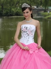 Quinceanera Dress Embroidery Decorate Rose Pink With Strapless Skirt