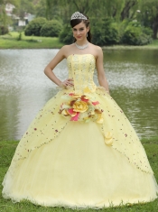 Quinceanera Dress For 2013 Appliques Embroidery and Hand Made Flowers Light Yellow Strapless Floor-length