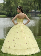 Quinceanera Dress For 2013 Appliques Embroidery and Hand Made Flowers Light Yellow  Strapless Floor-length