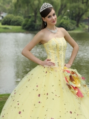 Quinceanera Dress For 2013 Appliques Embroidery and Hand Made Flowers Light Yellow  Strapless Floor-length