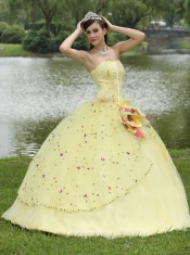 Quinceanera Dress For 2013 Appliques Embroidery and Hand Made Flowers Light Yellow  Strapless Floor-length