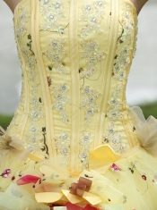 Quinceanera Dress For 2013 Appliques Embroidery and Hand Made Flowers Light Yellow  Strapless Floor-length