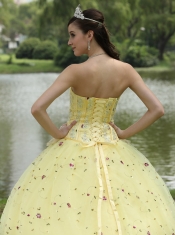 Quinceanera Dress For 2013 Appliques Embroidery and Hand Made Flowers Light Yellow  Strapless Floor-length