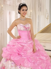 Quinceanera Dress For Custom Made Printing Sweetheart Beaded and Pick-ups For Rose Pink