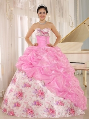 Quinceanera Dress For Custom Made Printing Sweetheart Beaded and Pick-ups For Rose Pink