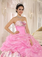 Quinceanera Dress For Custom Made Printing Sweetheart Beaded and Pick-ups For Rose Pink
