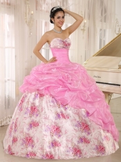 Quinceanera Dress For Custom Made Printing Sweetheart Beaded and Pick-ups For Rose Pink