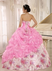 Quinceanera Dress For Custom Made Printing Sweetheart Beaded and Pick-ups For Rose Pink