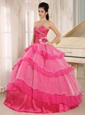 Quinceanera Dress In 2013 Hot Pink Sweetheart Beaded Decorate and Ruch Bodice Ruffled Layeres
