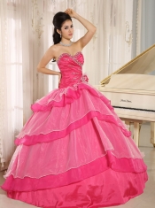 Quinceanera Dress In 2013 Hot Pink Sweetheart Beaded Decorate and Ruch Bodice Ruffled Layeres