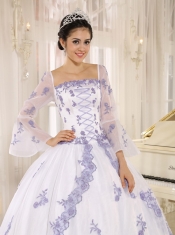 Quinceanera Dress Lilac Embroidery Decorate On White Organza Square Neckline