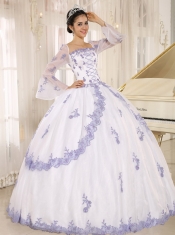 Quinceanera Dress Lilac Embroidery Decorate On White Organza Square Neckline
