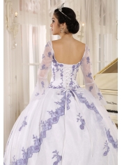 Quinceanera Dress Lilac Embroidery Decorate On White Organza Square Neckline