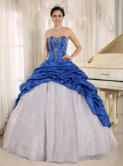 Quinceanera Dress Luxurious Blue and White With Embroidery Sweetheart Pick-ups 2013