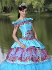 Quinceanera Dress Off The Shoulder Appliques Ball Gown  For 2013 Floor-length Tiered Exclusive Style