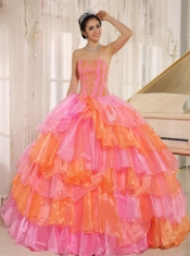 Quinceanera Dress Ruflfled Layers and Appliques Decorate Up Bodice For Rose Pink and Orange Customize