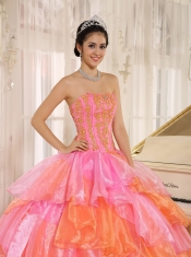 Quinceanera Dress Ruflfled Layers and Appliques Decorate Up Bodice For Rose Pink and Orange Customize