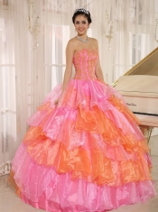 Quinceanera Dress Ruflfled Layers and Appliques Decorate Up Bodice For Rose Pink and Orange Customize