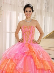 Quinceanera Dress Ruflfled Layers and Appliques Decorate Up Bodice For Rose Pink and Orange Customize