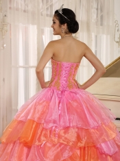 Quinceanera Dress Ruflfled Layers and Appliques Decorate Up Bodice For Rose Pink and Orange Customize