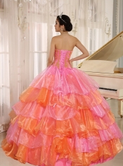 Quinceanera Dress Ruflfled Layers and Appliques Decorate Up Bodice For Rose Pink and Orange Customize
