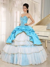 Quinceanera Dress Sweetheart Beaded and Pick-ups For Aqua Blue and White Ruffled Layers