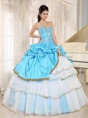 Quinceanera Dress Sweetheart Beaded and Pick-ups For Aqua Blue and White Ruffled Layers