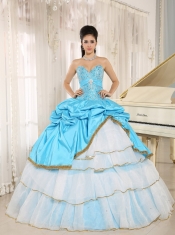 Quinceanera Dress Sweetheart Beaded and Pick-ups For Aqua Blue and White Ruffled Layers