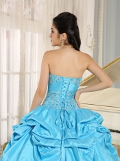 Quinceanera Dress Sweetheart Beaded and Pick-ups For Aqua Blue and White Ruffled Layers