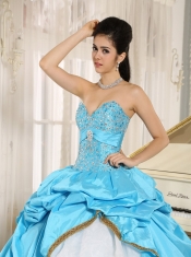 Quinceanera Dress Sweetheart Beaded and Pick-ups For Aqua Blue and White Ruffled Layers