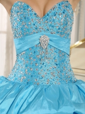 Quinceanera Dress Sweetheart Beaded and Pick-ups For Aqua Blue and White Ruffled Layers