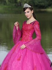 Quinceanera Dress The Most Popular Long Sleeves Appliques Decorate Fushsia With V-neck