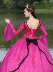 Quinceanera Dress The Most Popular Long Sleeves Appliques Decorate Fushsia With V-neck