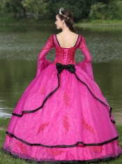 Quinceanera Dress The Most Popular Long Sleeves Appliques Decorate Fushsia With V-neck