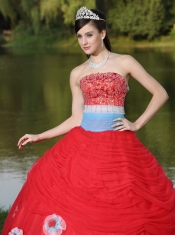 Tulle Strapless Red For Girl With Flower Beaded Quinceanera Dress  Decorate