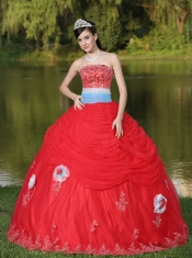 Tulle Strapless Red For Girl With Flower Beaded Quinceanera Dress Decorate