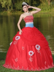 Tulle Strapless Red For Girl With Flower Beaded Quinceanera Dress  Decorate