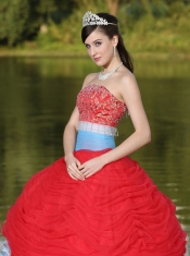 Tulle Strapless Red For Girl With Flower Beaded Quinceanera Dress  Decorate