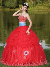 Tulle Strapless Red For Girl With Flower Beaded Quinceanera Dress  Decorate