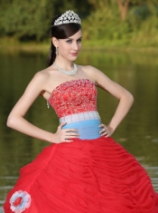Tulle Strapless Red For Girl With Flower Beaded Quinceanera Dress  Decorate