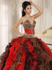 Quinceanera Dress Wholesale Multi-color 2013 V-neck Ruffles With Leopard and Beading