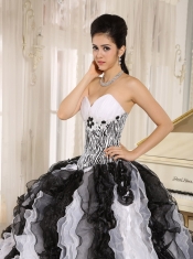 Quinceanera Dress With Appliques Sweetheart For Custom Made White and Black Ruffles